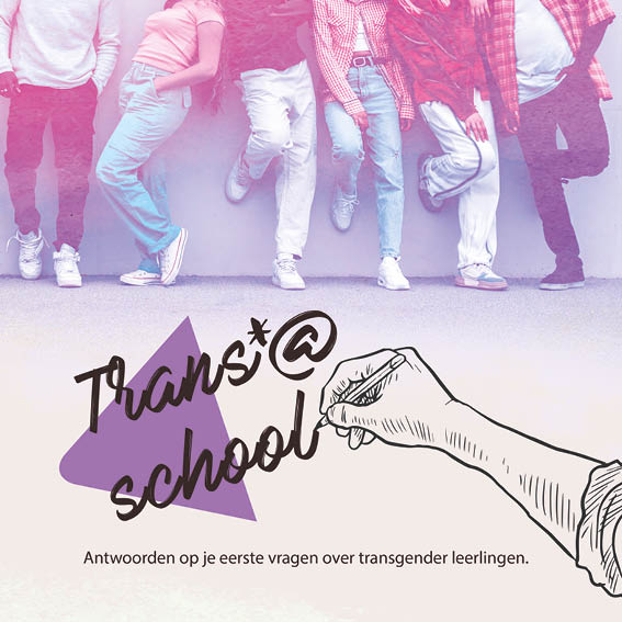 Cover met tekst 'Trans@school' en de tekst 'antwoorden op je eerste vragen over transgender leerlingen'