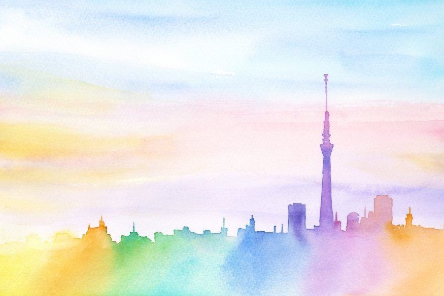 regenboog stad uitleining aquarel